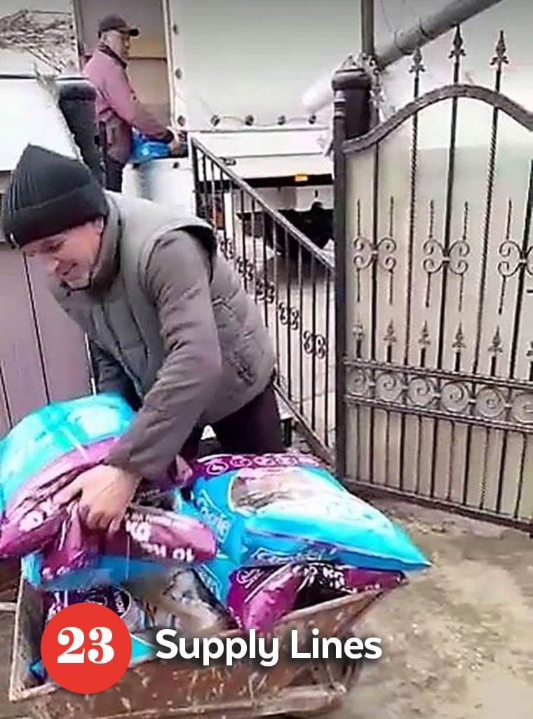 Ukrainian rescuer loading up donated pet food