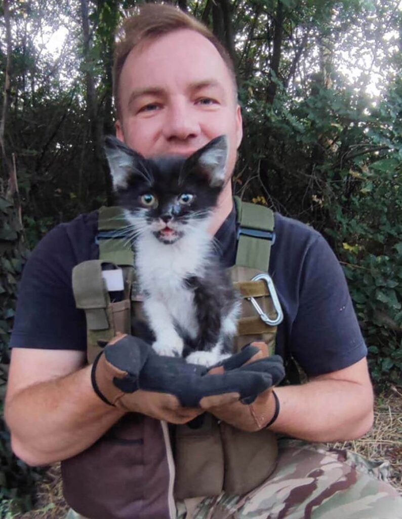 Ukraine rescuer holding kitten